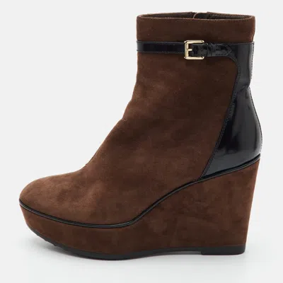 Pre-owned Tod's Buckle Size 40 Brown/black Suede And Leather Platform Wedge Ankle Length Boots