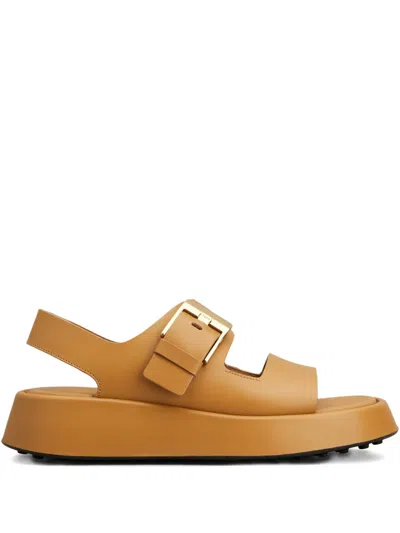 Tod's Brown Leather Sandals With Gold Buckle In Nude