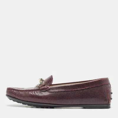 Pre-owned Tod's Burgundy Embossed Lizard Double T Loafers Size 37