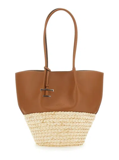 Tod's 'bux' Brown Shopper With Logo Imprinted On The Front And Metal Logo Charm In Leather And Straw Woman