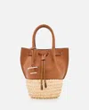 Tod's Brown Handbag With Bucket Design And Metallic Timeless T Pendant In Leather And Raffia Blend Woman In Brown