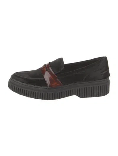 Pre-owned Tod's Calf Hair Leather Trim Embellishment Loafers In Black