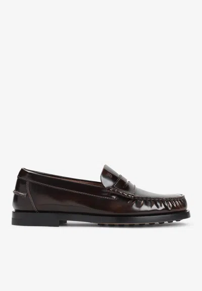 Tod's Calf Leather Penny Loafers In Burgundy