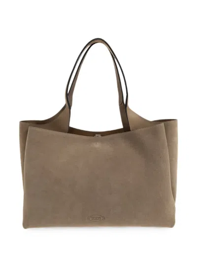 Tod's Calf Suede Logo-debossed Tote Bag In Brown