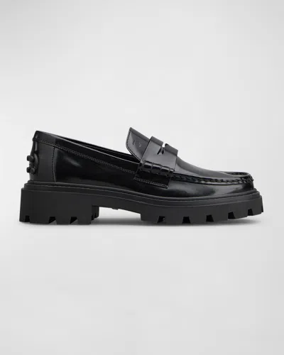 Tod's Calfskin Lug-sole Penny Loafers In Black