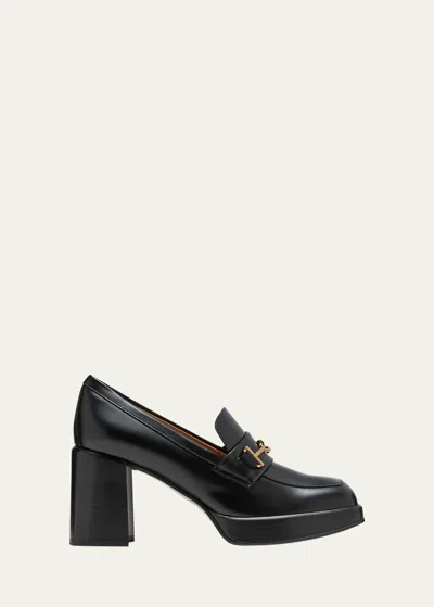 Tod's Calfskin Strap Heeled Loafers In Nero