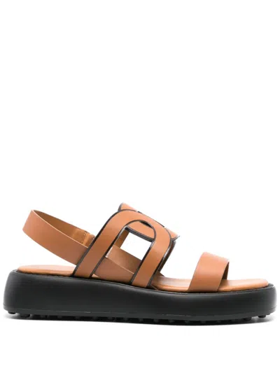 TOD'S CAMEL BROWN LEATHER SQUARE TOE SANDALS FOR WOMEN