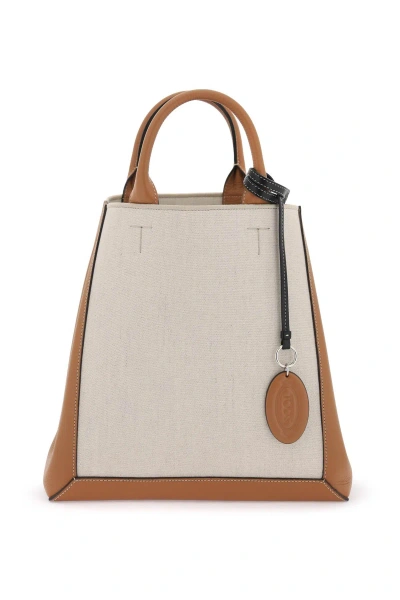 Tod's Canvas & Leather Small Tote Bag In Bianco/marrone