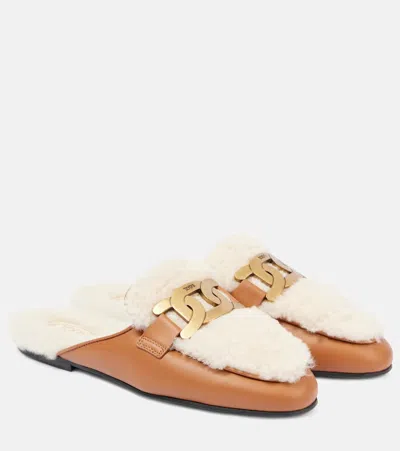 TOD'S CATENA SHEARLING-LINED LEATHER SLIPPERS 