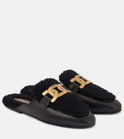 Tod's Catena Shearling-lined Mules In Black