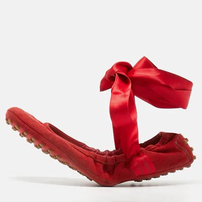 Pre-owned Tod's Cherry Size 38.5 Red Suede Ankle Wrap Scrunch Ballet Flats