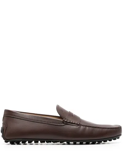 TOD'S CHOCOLATE BROWN LEATHER CITY PENNY LOAFERS FOR MEN