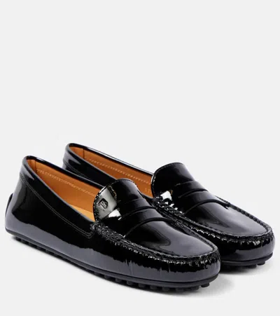 Tod's City Gommino Patent Leather Moccasins In Black