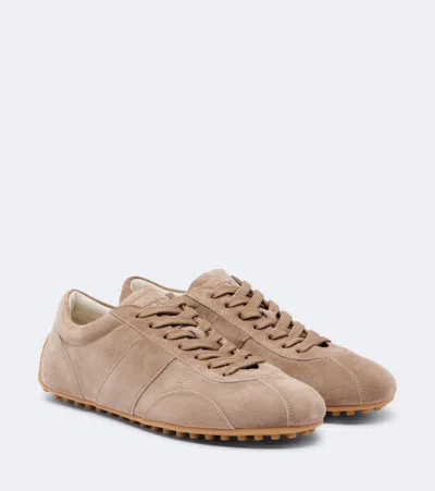 Tod's Suede Leather Sneakers Round Toe Rubber Sole In Neutral