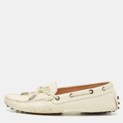 Pre-owned Tod's Cream Lizard Embossed Leather Bow Slip On Loafers Size 37.5