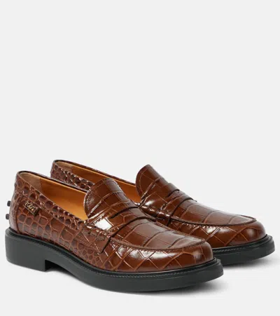 Tod's Croc-effect Leather Penny Loafers In Brown