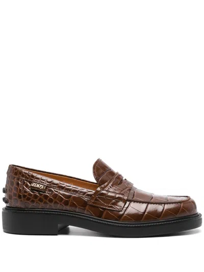 Tod's Croc-effect Loafers In Brown