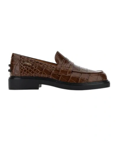 Tod's Croc-effect Loafers In Cacao