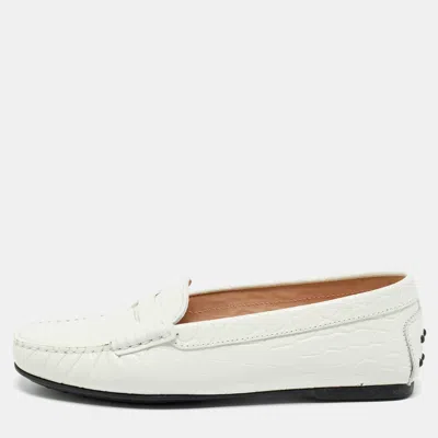 Pre-owned Tod's Croc Embossed Leather Bow Slip On Loafers Size 37.5 In White
