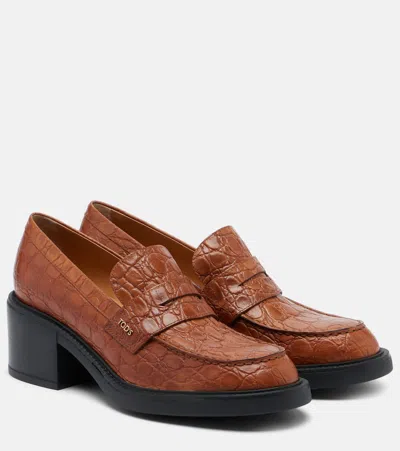 Tod's Croc-effect Leather Loafer Pumps In Brown