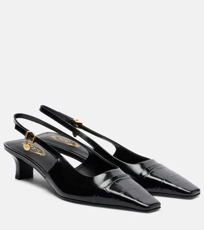Tod's Croc-effect Patent Leather Slingback Pumps In Black