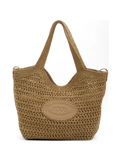 Tod's Raffia And Leather Medium Shopping Bag In Brown