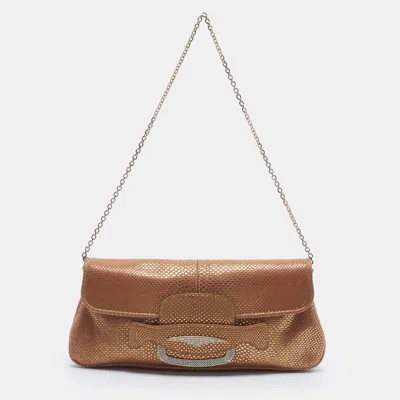 Pre-owned Tod's Crystal Embellished Flap Gold/beige Karung Leather Chain Clutch
