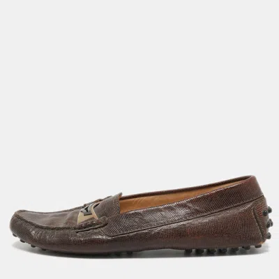Pre-owned Tod's Dark Brown Lizard Embossed Leather Driver Loafers Size 37.5
