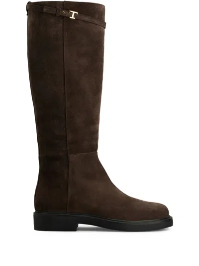 Tod's Dark Brown Logo Suede Boots