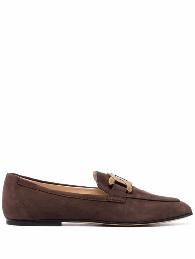 Tod's Dark Brown Suede Chain-plaque Loafers For Women
