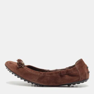Pre-owned Tod's Dark Brown Suede Scrunch Ballet Flats Size 38