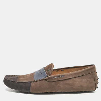 Pre-owned Tod's Dark Brown/blue Nubuck Bow Slip On Loafers Size 44.5