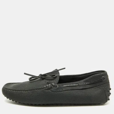 Pre-owned Tod's Dark Grey Leather Gommino Bow Slip On Loafers Size 39.5