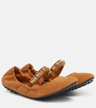 Tod's Dee Embellished Suede Mary Jane Flats