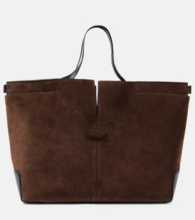 Tod's Di Bag Folio Medium Suede Tote Bag In Marrone Africa+nero