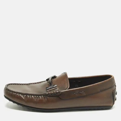 Pre-owned Tod's Doppia Size 41.5 Dark Brown Leather Double T Slip On Loafers