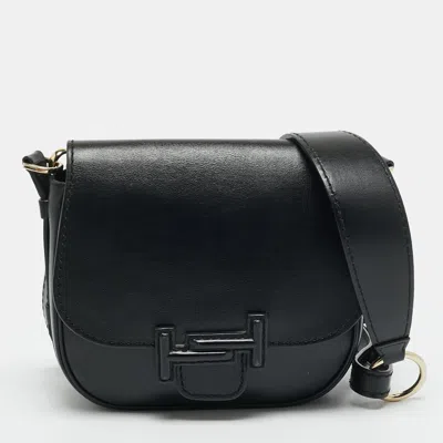 Pre-owned Tod's Double T Flap Black Leather Crossbody Bag