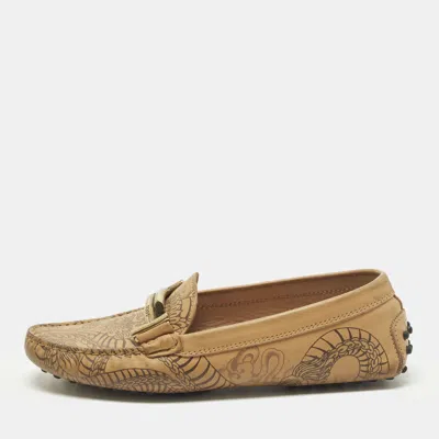 Pre-owned Tod's Double T Size 36 Beige Tattoo Dragon Print Leather Slip On Loafers In Sand