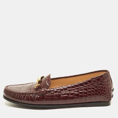 Pre-owned Tod's Double T Size 36.5 Burgundy Croc Embossed Leather Driver Loafers