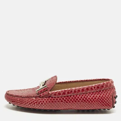 Pre-owned Tod's Double T Size 36.5 Burgundy Snakeskin Leather Slip On Loafers