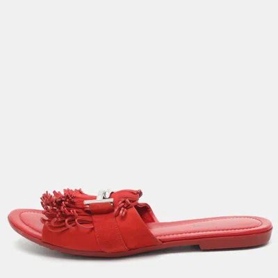 Pre-owned Tod's Double T Size 36.5 Red Leather Fringe Slide Sandals
