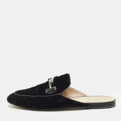 Pre-owned Tod's Double T Size 37.5 Black Velvet Flat Mules