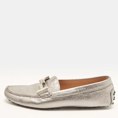Pre-owned Tod's Double T Size 37.5 Silver Leather Driver Loafers