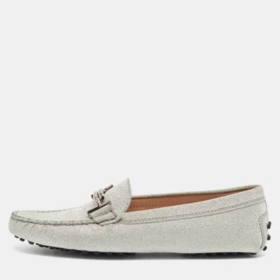 Pre-owned Tod's Double T Size 38.5 Silver Glitter Slip On Loafers