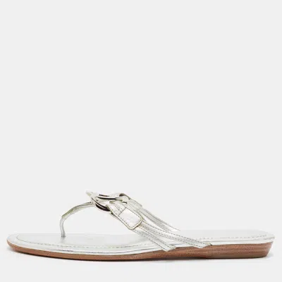 Pre-owned Tod's Double T Size 38.5 Silver Leather Thong Sandals
