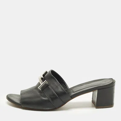 Pre-owned Tod's Double T Size 41 Black Leather Block Heel Slide Sandals