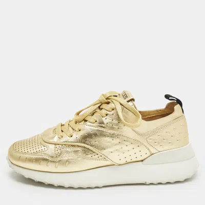 Pre-owned Tod's Drilled Metallic Size 37.5 Gold Leather Lace Up Sneakers