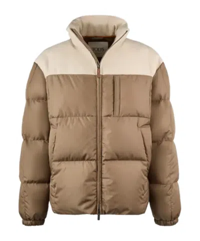 Tod's Dual-material Down Jacket In Brown