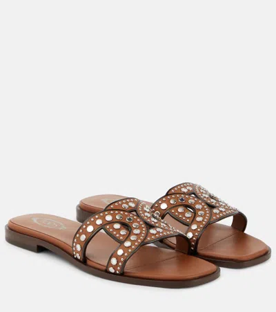 Tod's Embellished Leather Slides In Brown