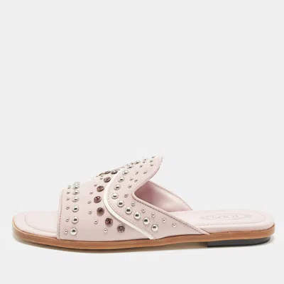 Pre-owned Tod's Embellished Size 37.5 Lilac Leather Flat Slides In Purple